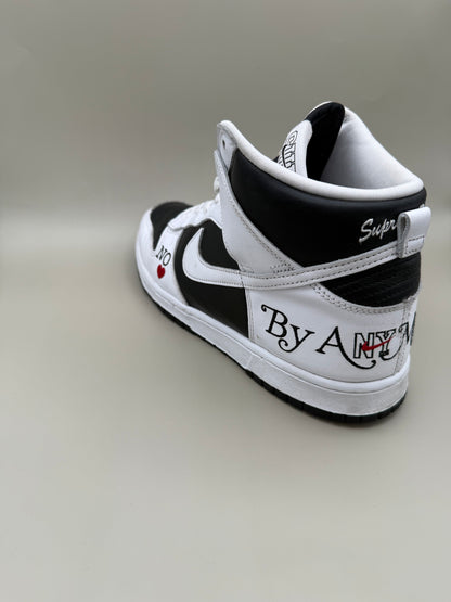 Nike Dunk High, designed in collaboration with or styled after Supreme's "By Any Means" theme.