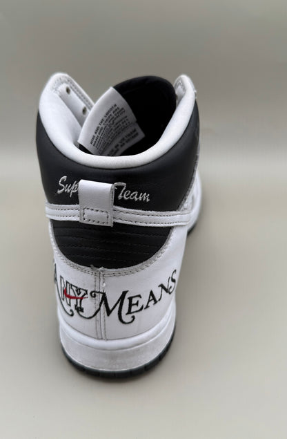 Nike Dunk High, designed in collaboration with or styled after Supreme's "By Any Means" theme.